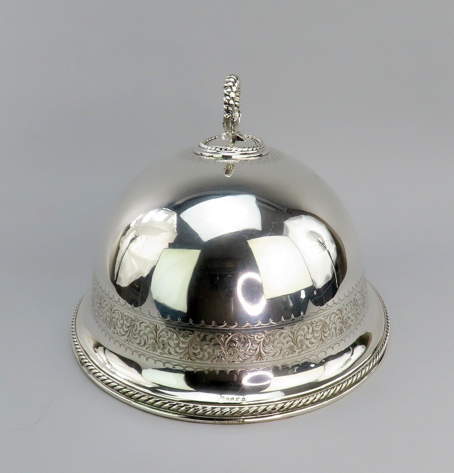 1870 Large Elkington Co Silverplate Hand Engraved Oval Serving Dome Cloche Bell
