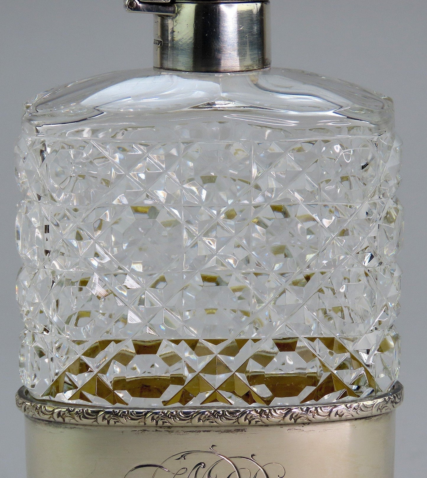 Excellent c1894 Sterling Silver ABP Cut Glass Liquor Flask w Cup Base