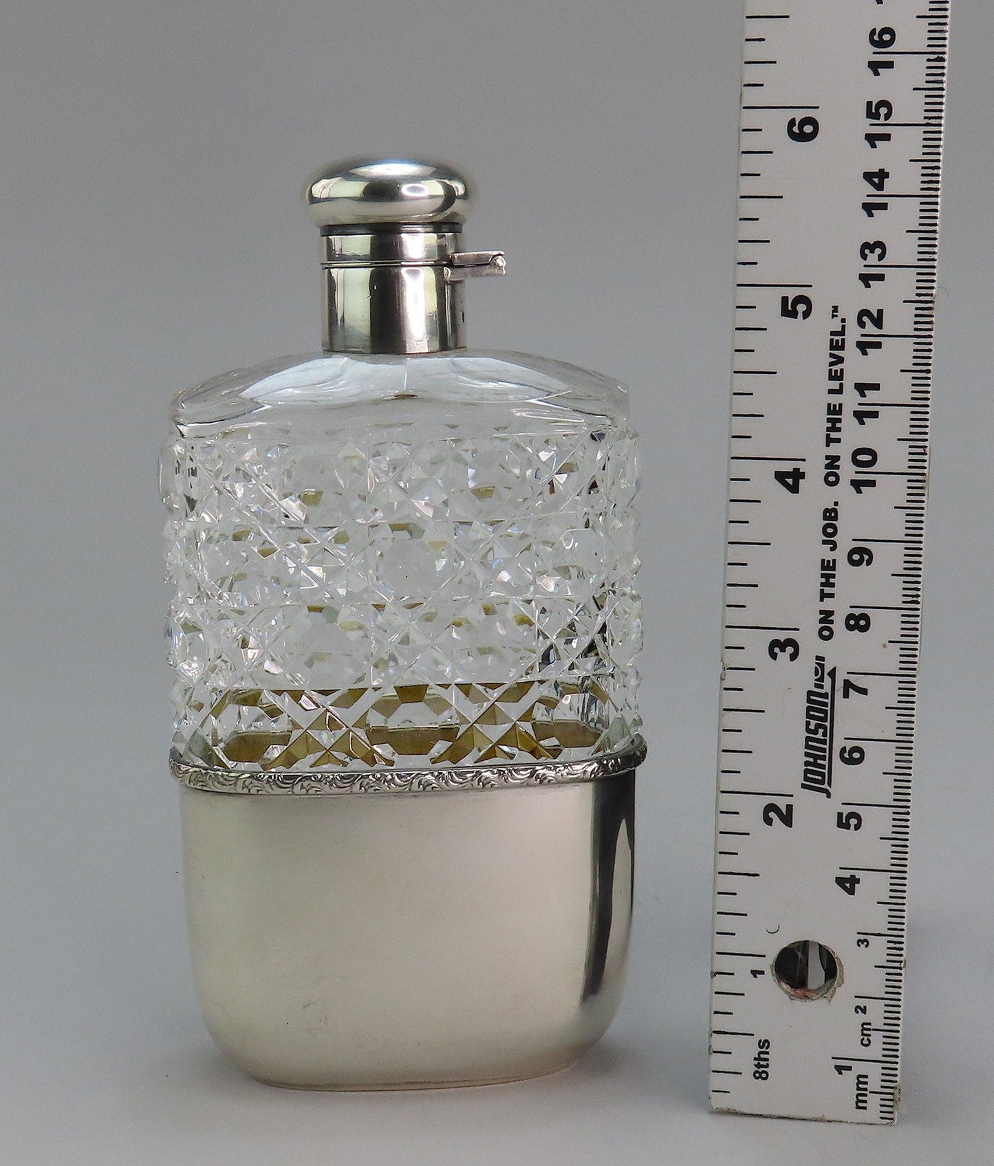 Excellent c1894 Sterling Silver ABP Cut Glass Liquor Flask w Cup Base