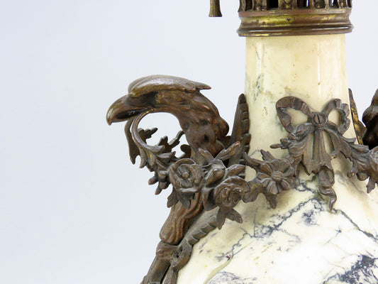 Stunning c1880s French White and Black Marble Bronze Lamp Eagles Floral Garlands