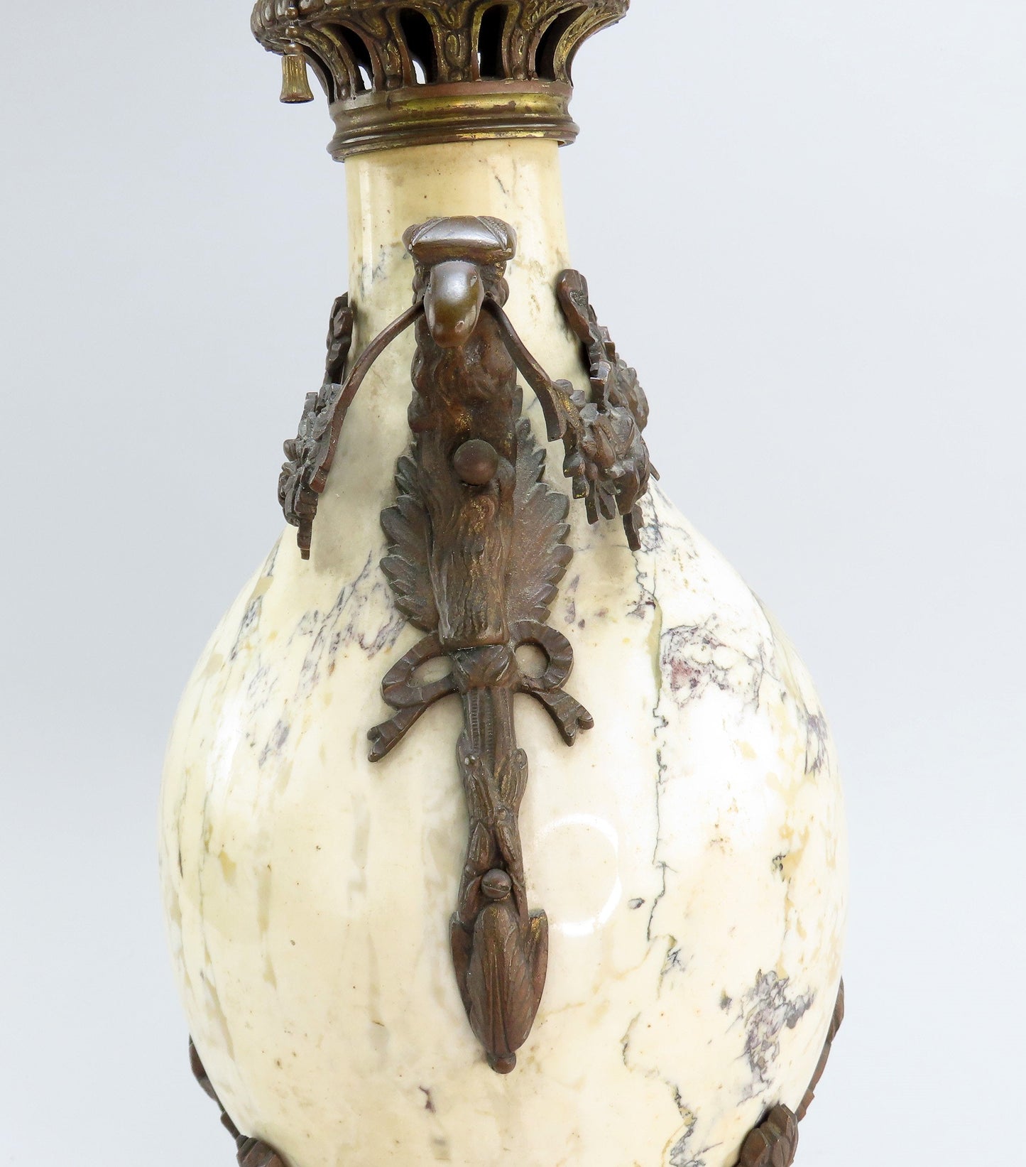 Stunning c1880s French White and Black Marble Bronze Lamp Eagles Floral Garlands