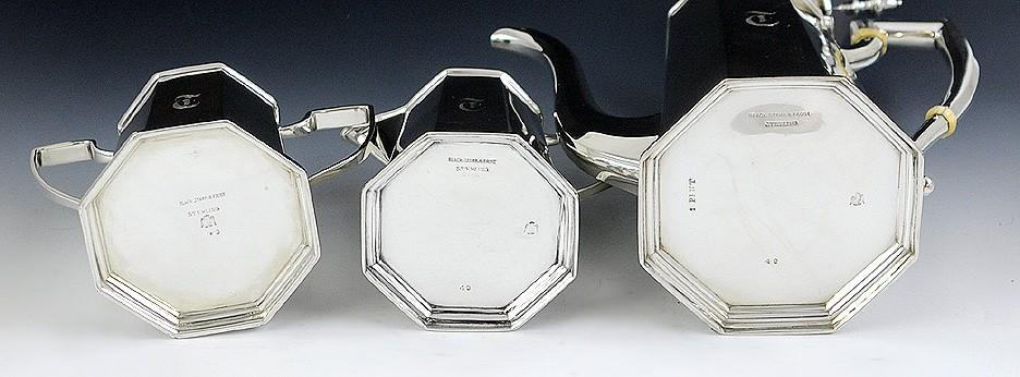 Excellent Quality 3 pc Octagonal Sterling Silver Tea Set Black Starr & Frost