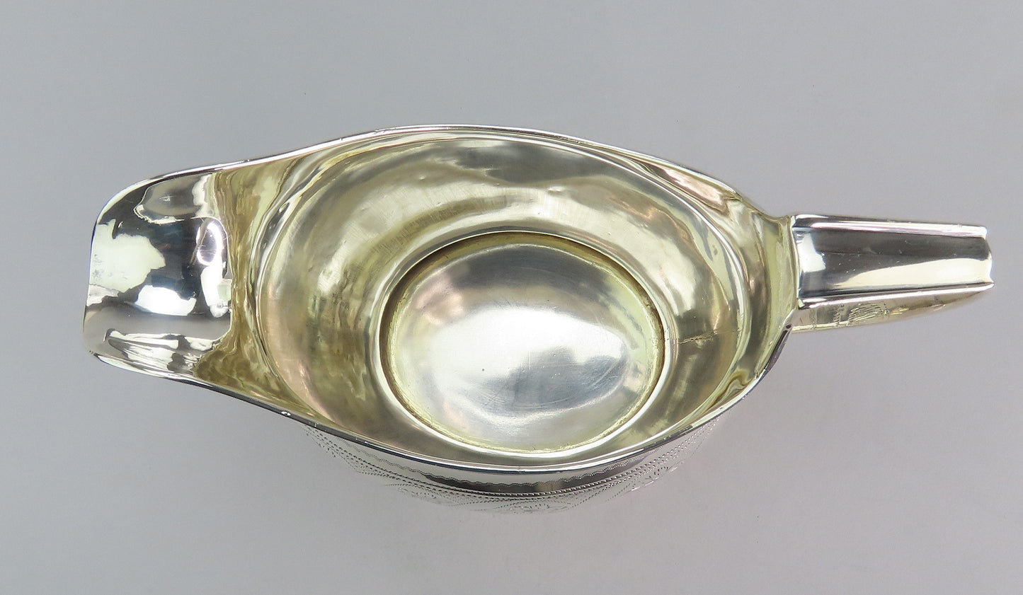 Fine 1801 English Georgian Sterling Silver Hand Engraved Helmet Form Creamer
