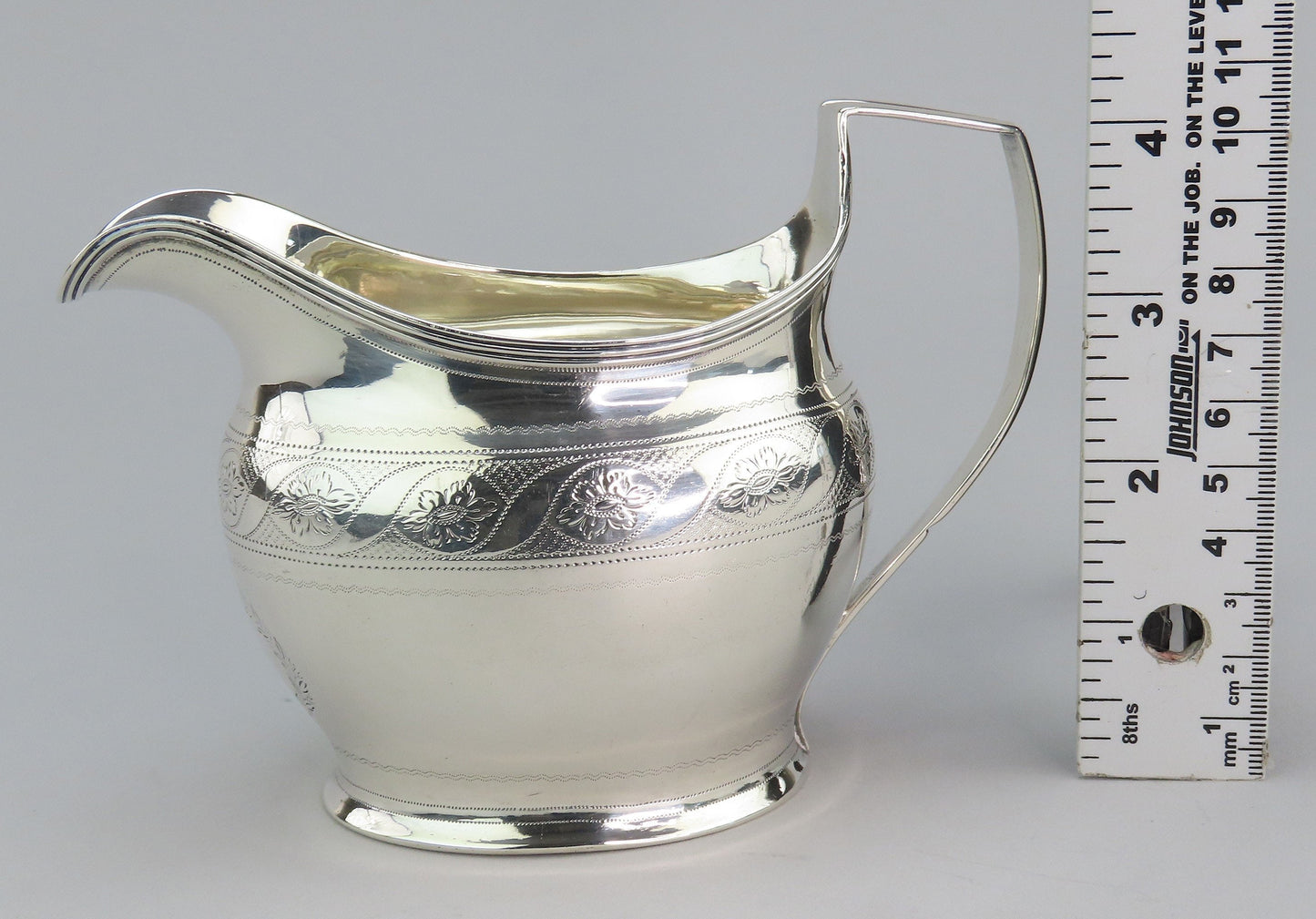 Fine 1801 English Georgian Sterling Silver Hand Engraved Helmet Form Creamer
