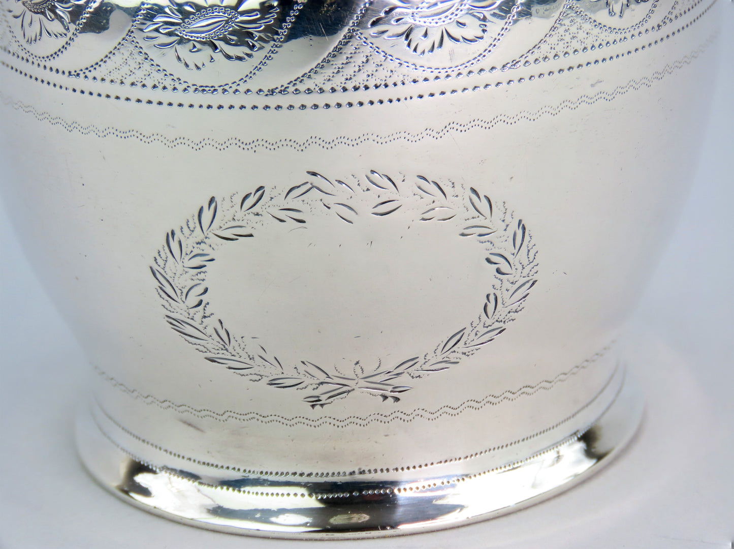 Fine 1801 English Georgian Sterling Silver Hand Engraved Helmet Form Creamer