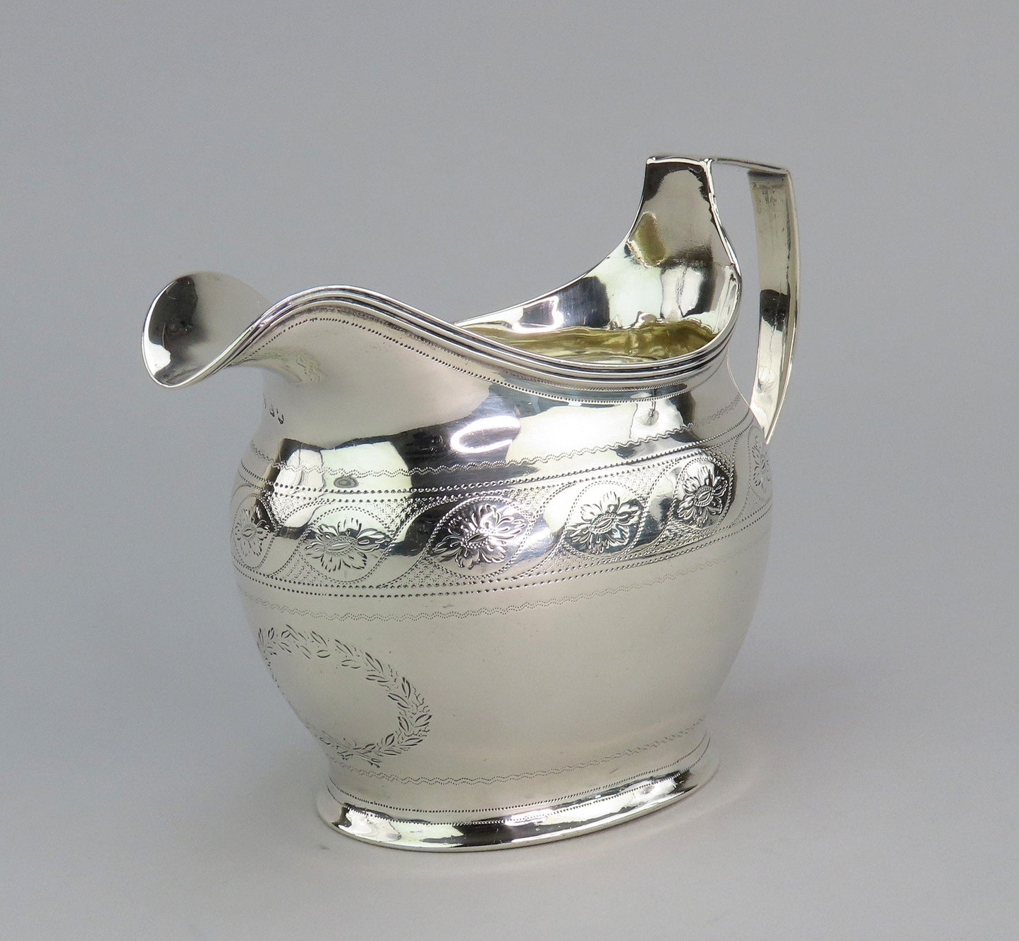 Fine 1801 English Georgian Sterling Silver Hand Engraved Helmet Form Creamer