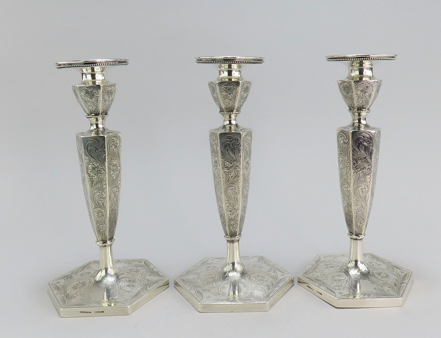 Lovely Set 3 c1890 Sterling Silver Hexagonal Hand Engraved Candlesticks