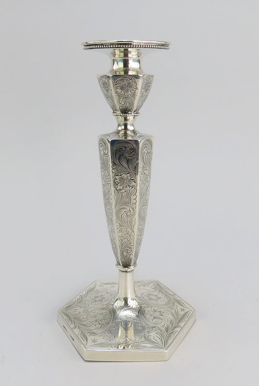 Lovely Set 3 c1890 Sterling Silver Hexagonal Hand Engraved Candlesticks