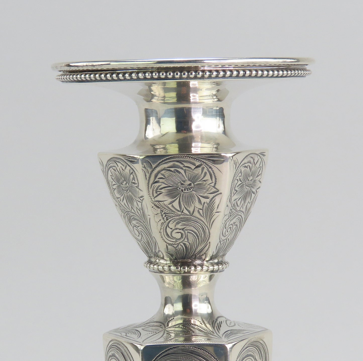 Lovely Set 3 c1890 Sterling Silver Hexagonal Hand Engraved Candlesticks