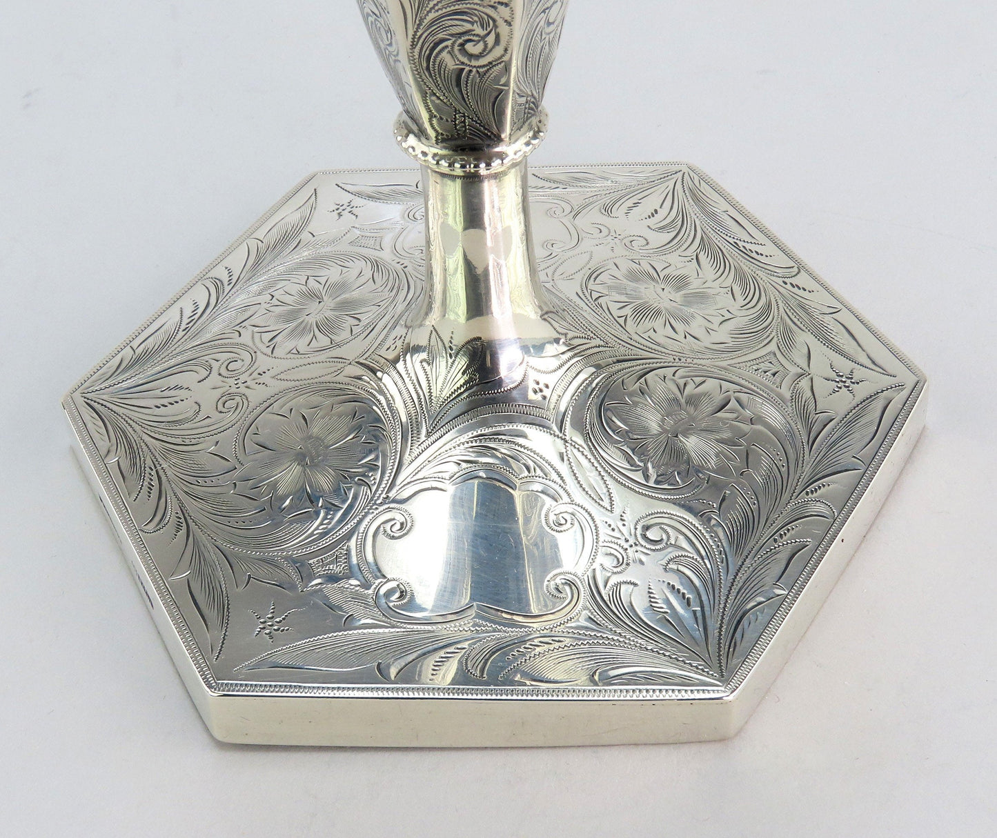 Lovely Set 3 c1890 Sterling Silver Hexagonal Hand Engraved Candlesticks