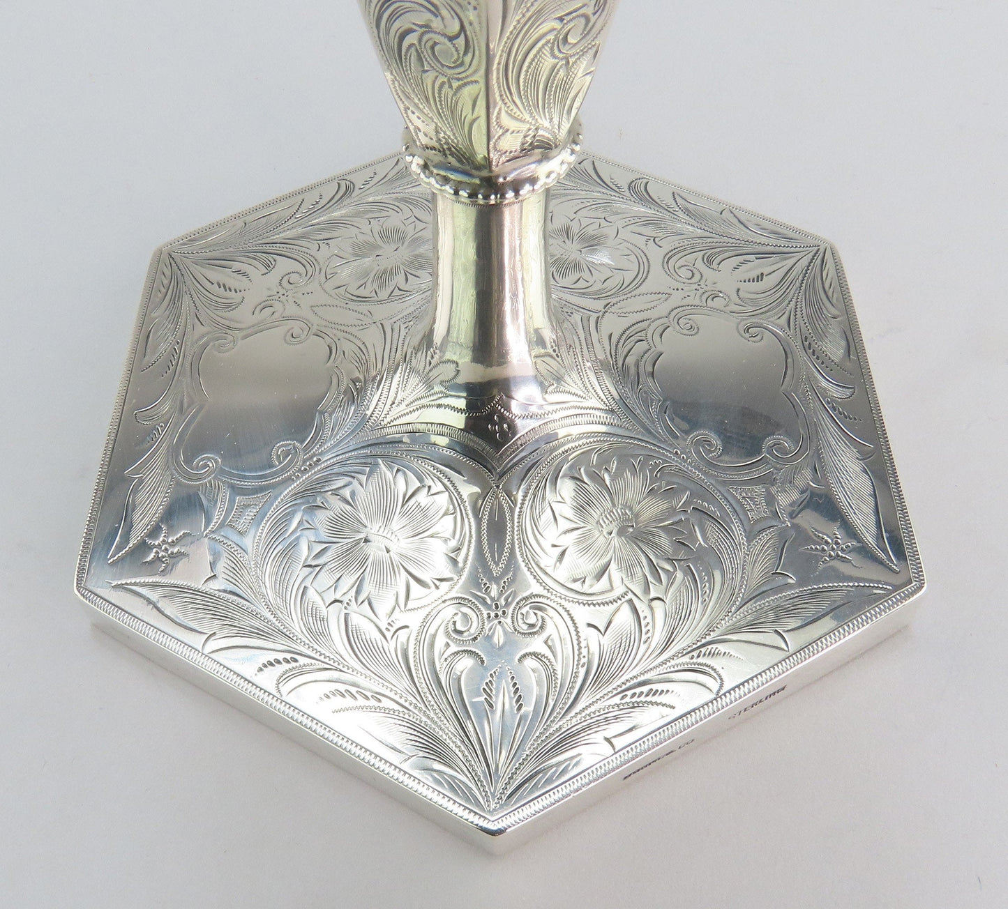 Lovely Set 3 c1890 Sterling Silver Hexagonal Hand Engraved Candlesticks