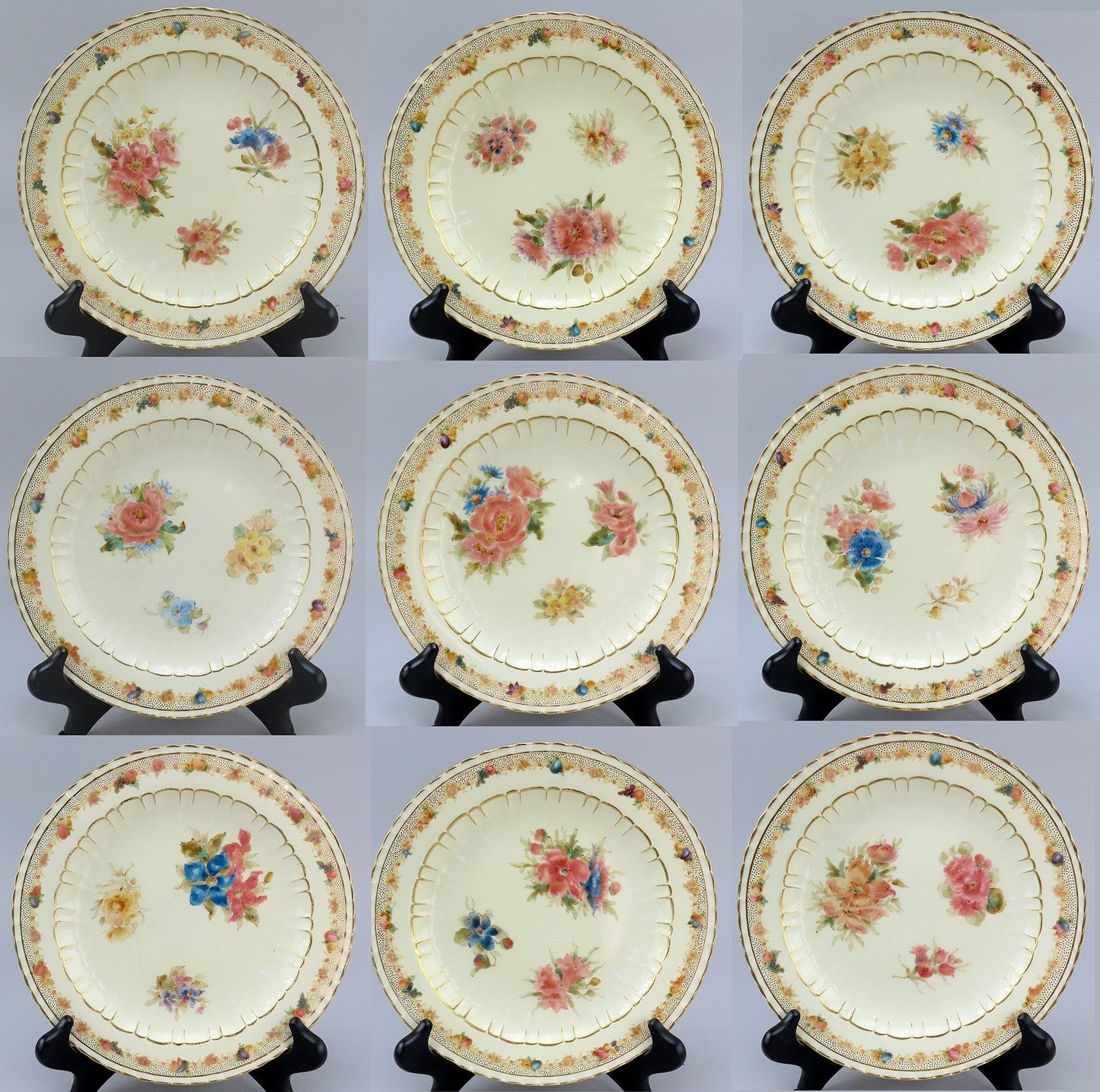 12 Royal Crown Derby Harrow 1888 Luncheon Plates Hand Painted Flowers 8 5/8"