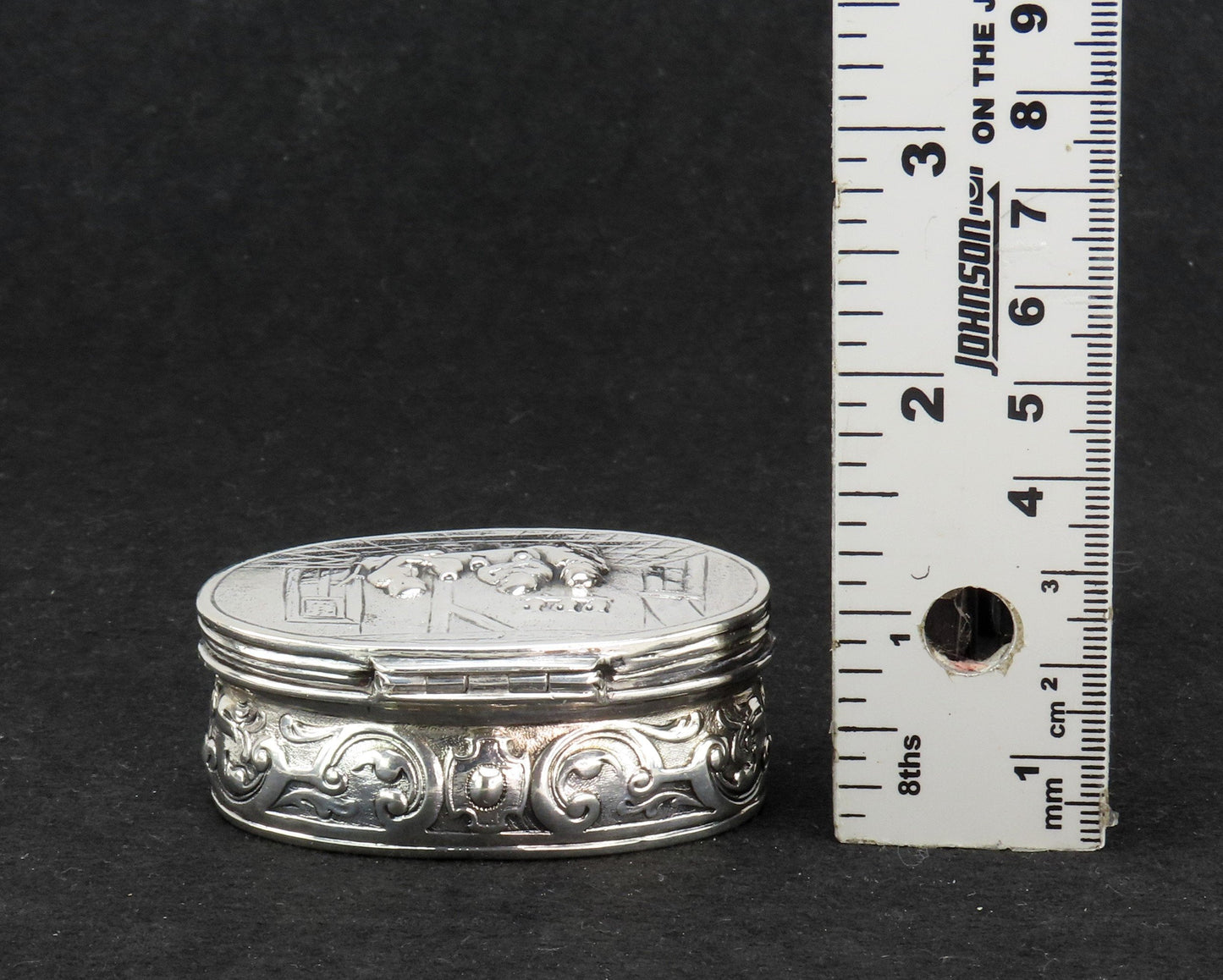 Nice German Hanau 800 Silver Genre Tavern Scene Oval Snuff or Trinket Box