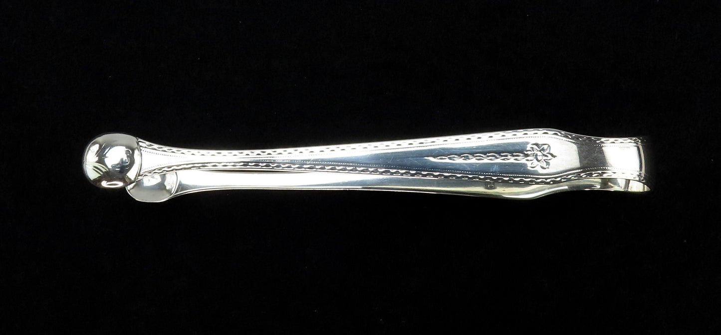 Fine Pair c1820s English Georgian Sterling Silver Bright Cut Sugar Nips Tongs