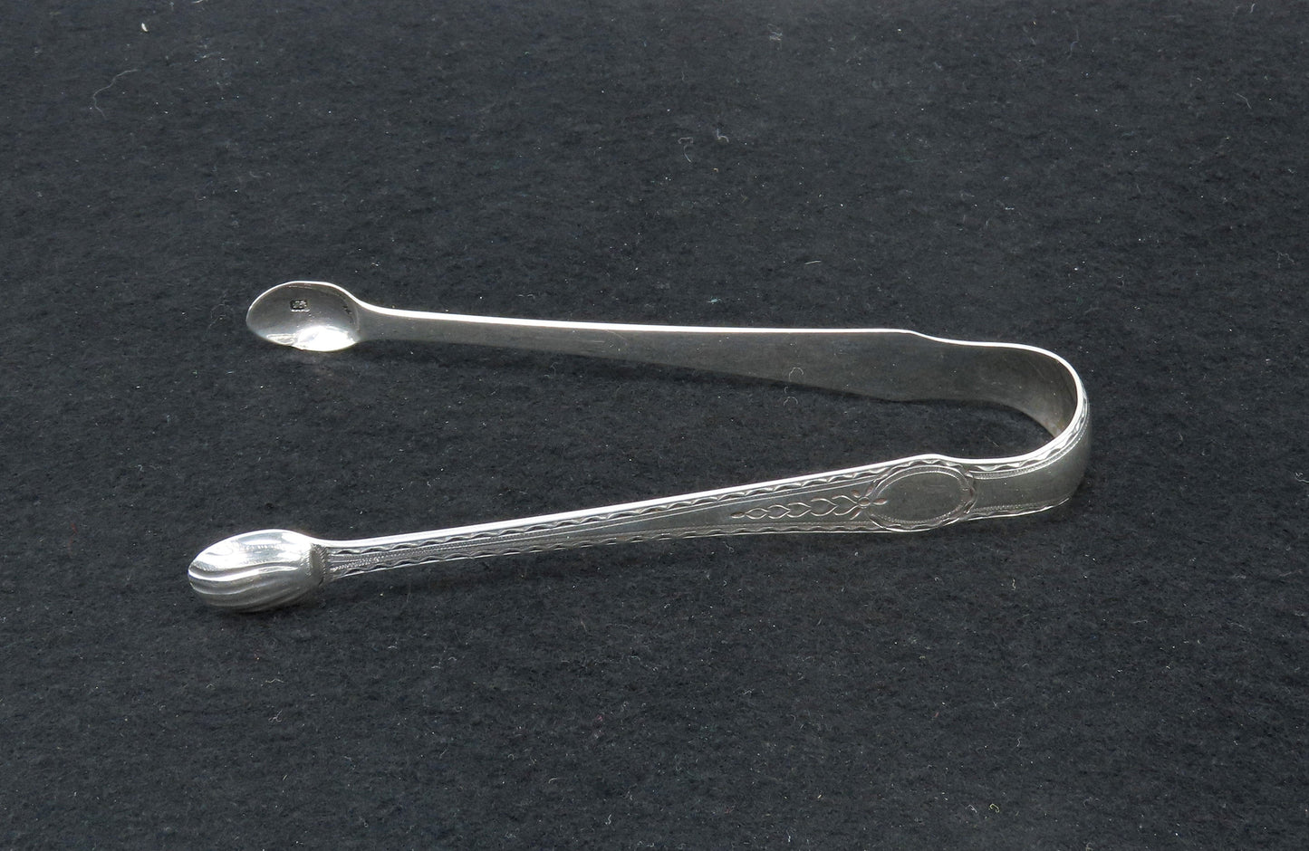 1790s English Georgian Sterling Silver Bright Cut Engraved Sugar Nips Tongs