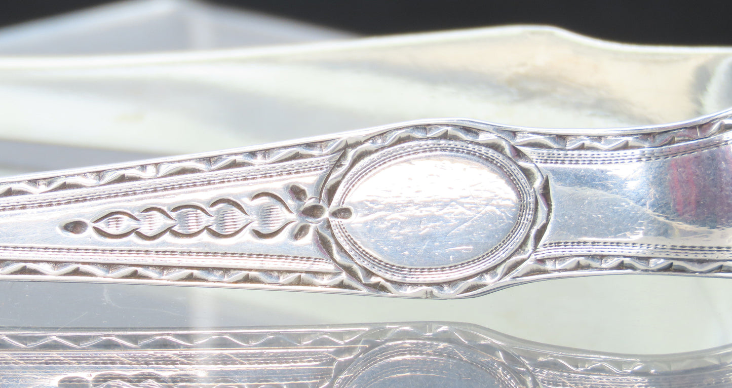 1790s English Georgian Sterling Silver Bright Cut Engraved Sugar Nips Tongs