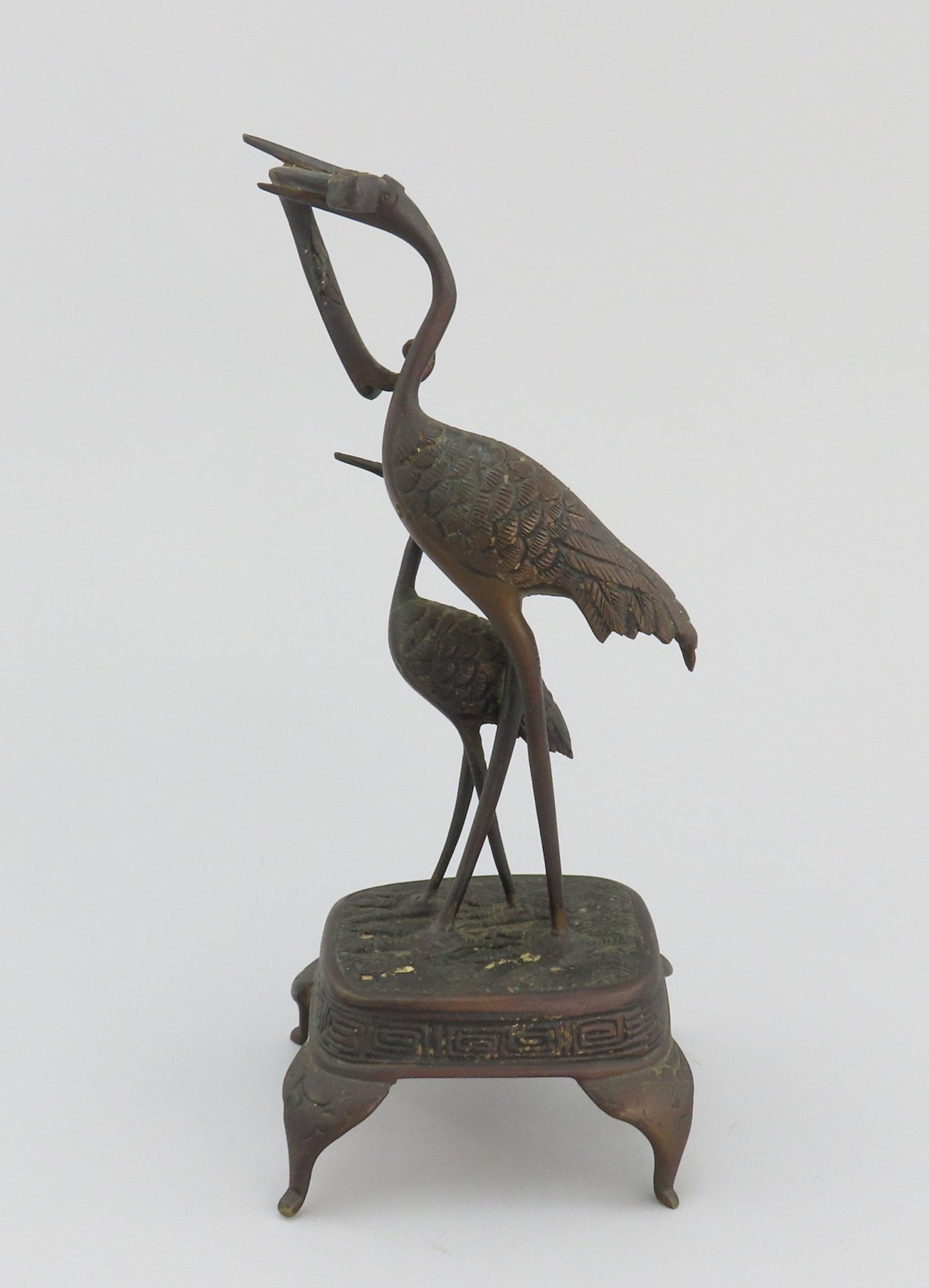 Late 1800s Chinese Bronze Statue of Two Cranes On Decorated Base