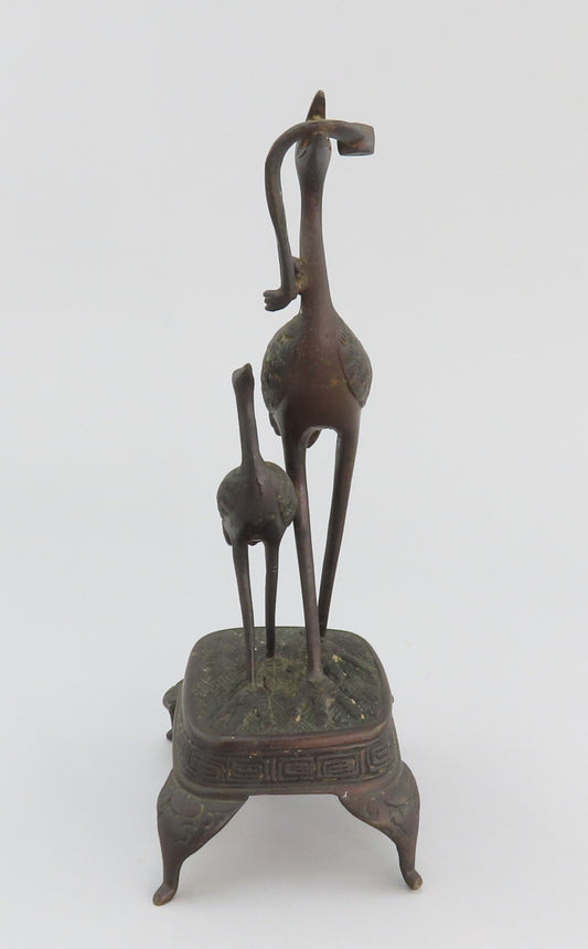Late 1800s Chinese Bronze Statue of Two Cranes On Decorated Base