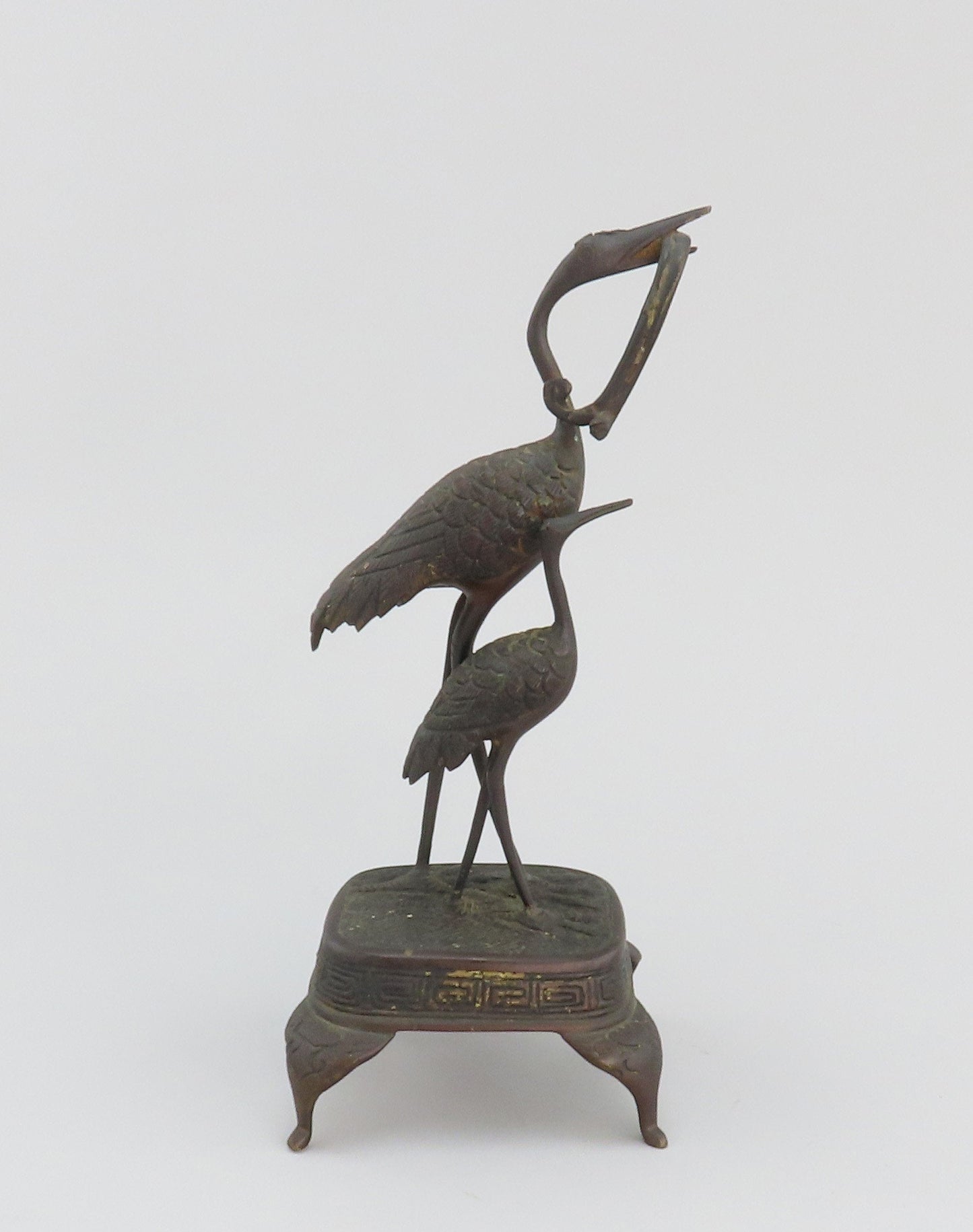 Late 1800s Chinese Bronze Statue of Two Cranes On Decorated Base