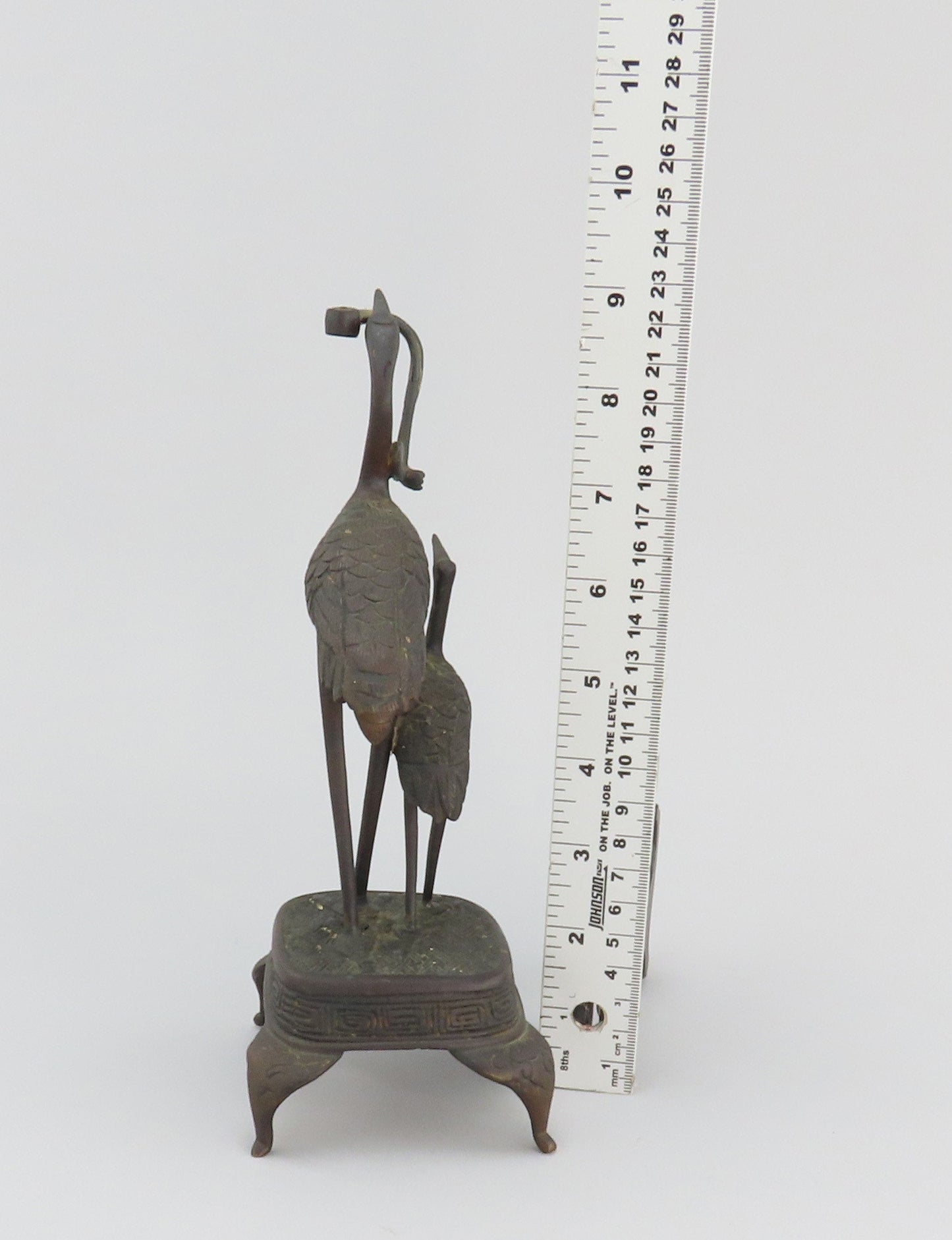 Late 1800s Chinese Bronze Statue of Two Cranes On Decorated Base