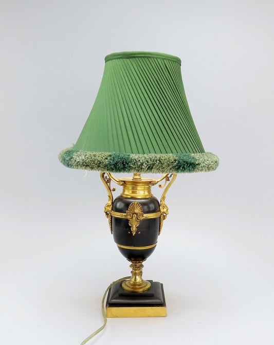 Mid-1800s French Style Black Stone Urn Lamps Pair w/ Green Lampshades 17" Tall