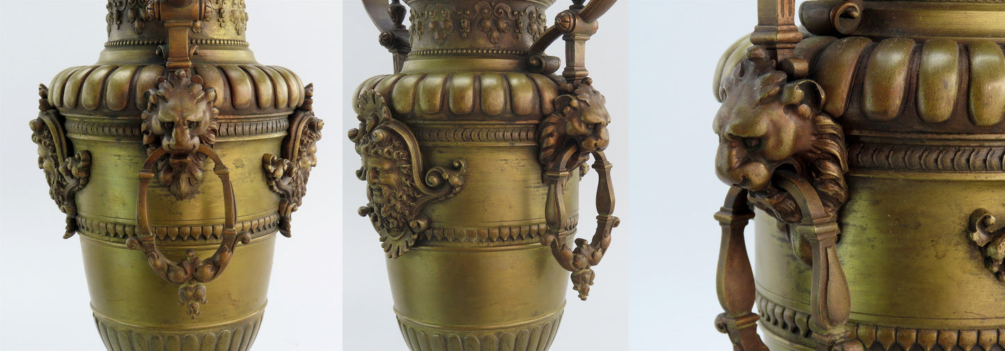 Pair Antique European Bronze Marble Urns Classical Decorations 14 3/4"