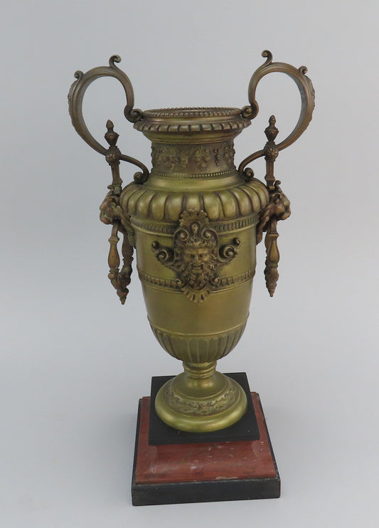 Pair Antique European Bronze Marble Urns Classical Decorations 14 3/4"