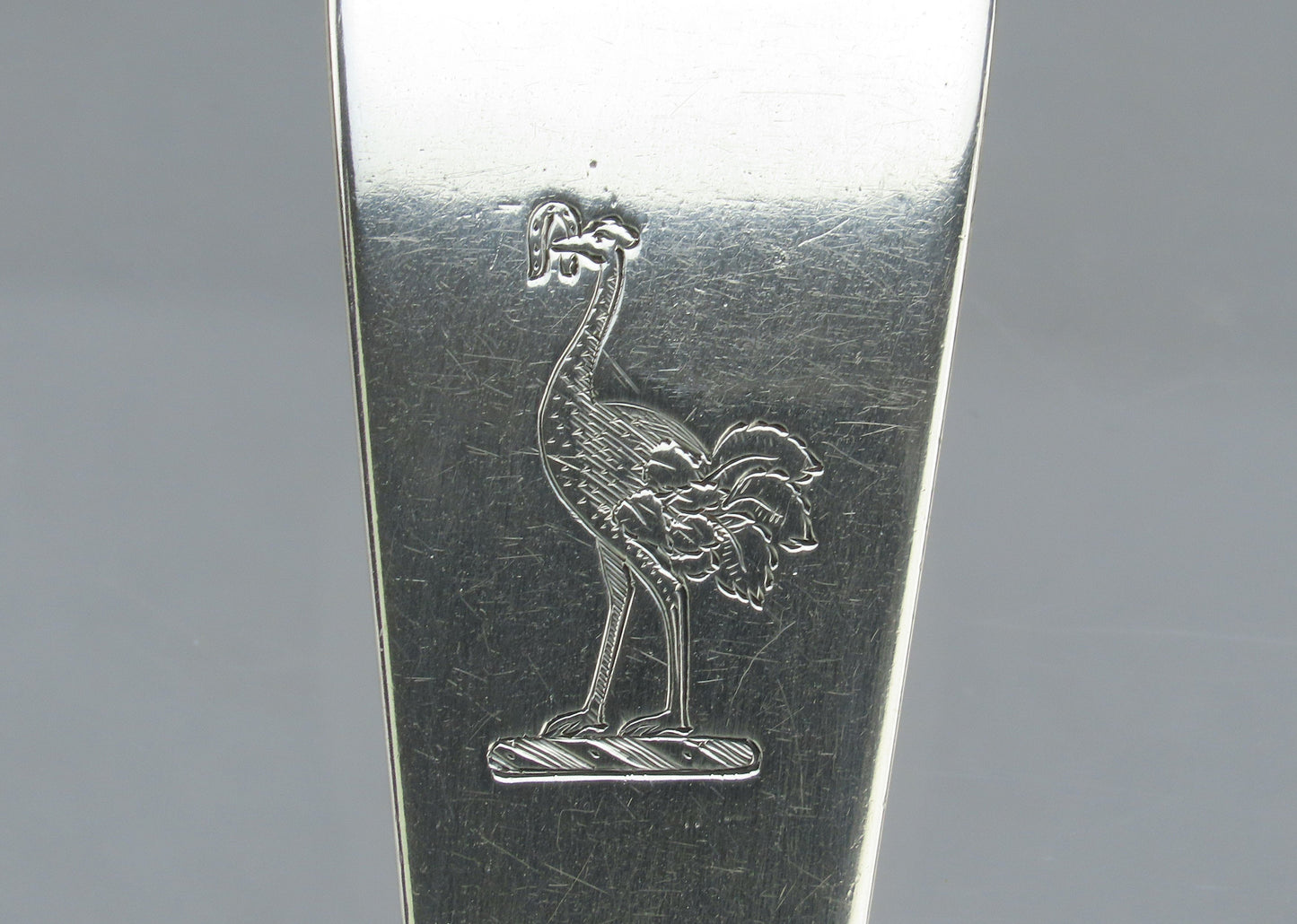 2pc 1791 English Georgian Sterling Silver Platter Stuffing Spoons Ostrich Crest