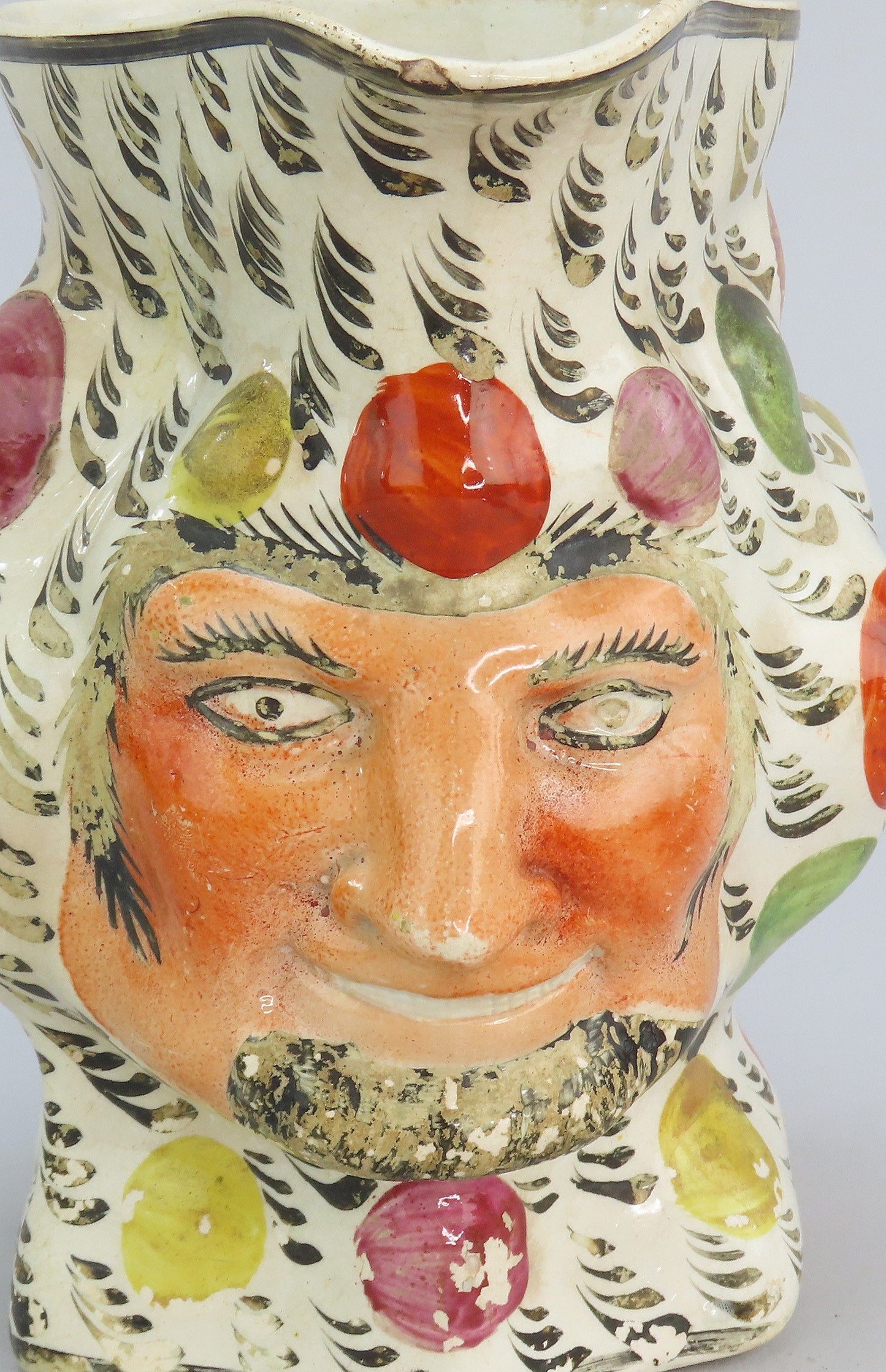 Charming c1790 Staffordshire Character Jester Juggler Satyr Face Jug Pitcher