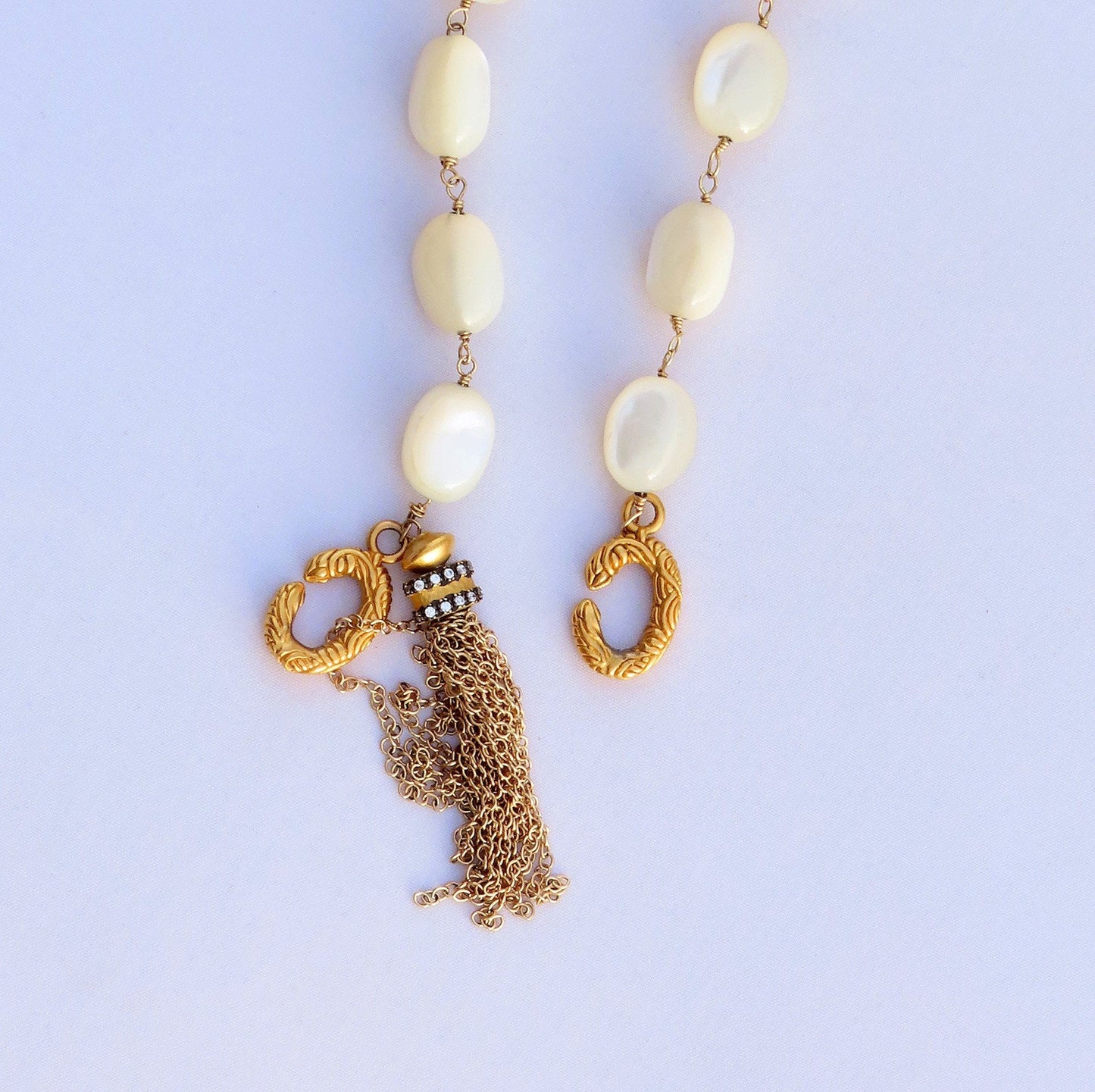 Elegant Opera Length Mother of Pearl Gilt Silver Vermeil Beaded Tassel Necklace