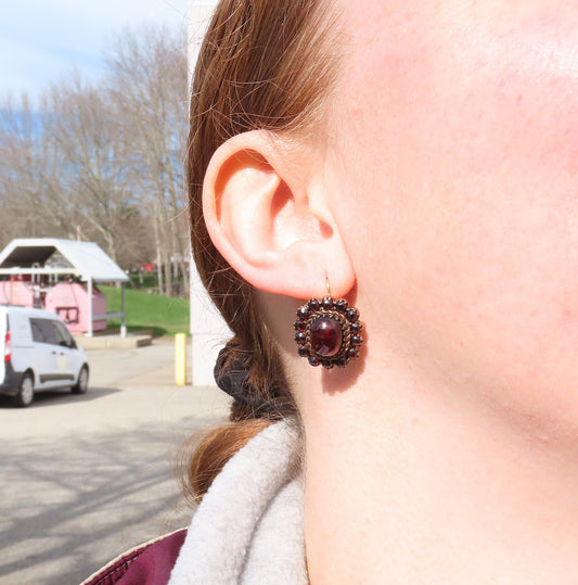 Regal Czech/Bohemian Red Garnet Cabochon Drop Pierced Earrings