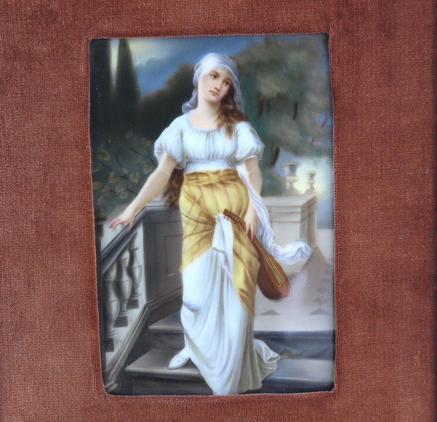 1800s German Painting on Porcelain Woman w/ Lute Wooden Frame