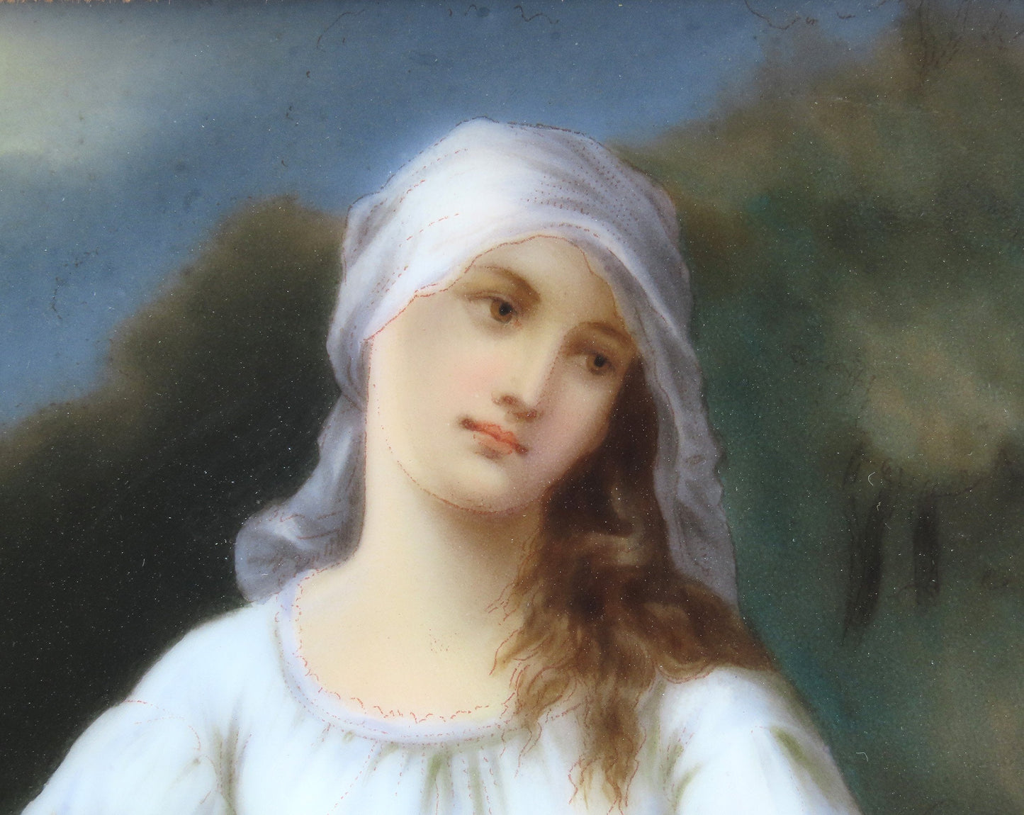 1800s German Painting on Porcelain Woman w/ Lute Wooden Frame