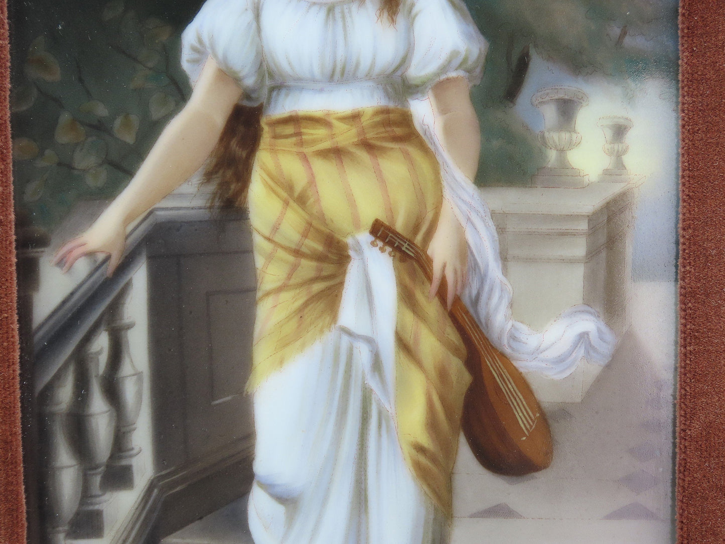 1800s German Painting on Porcelain Woman w/ Lute Wooden Frame