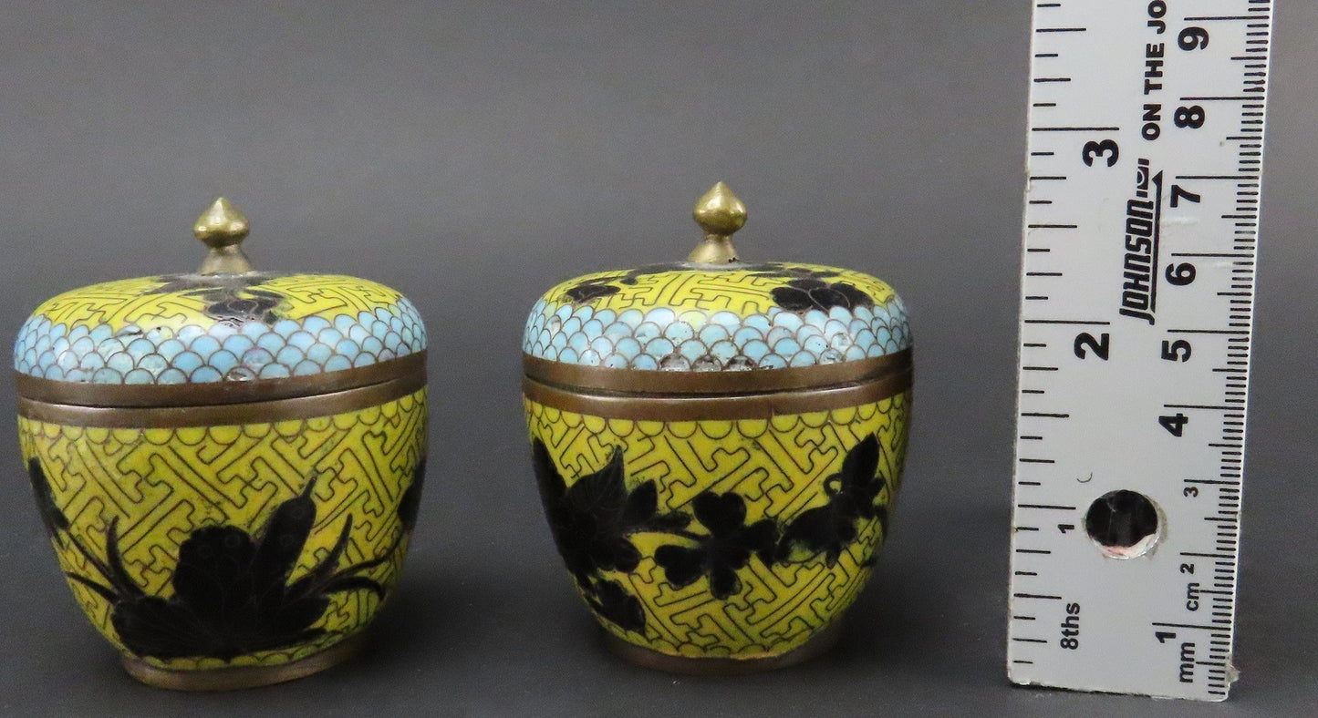 Neat Antique Chinese Cloisonné Small Jars Yellow Enamel 3 Inches