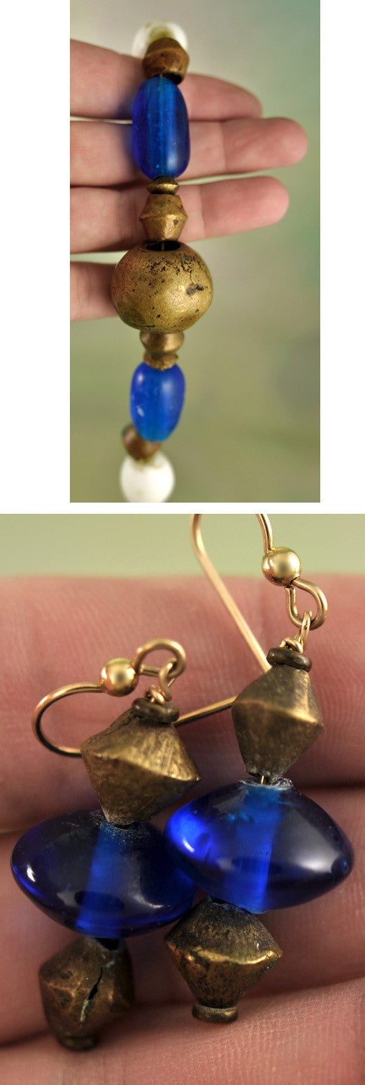 Vintage Large Brass Blue Glass Necklace and Earrings Set