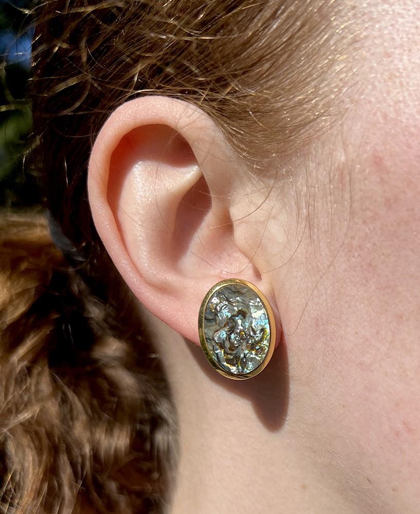 Elegant 14k Yellow Gold Abalone Oval Clip On Earrings