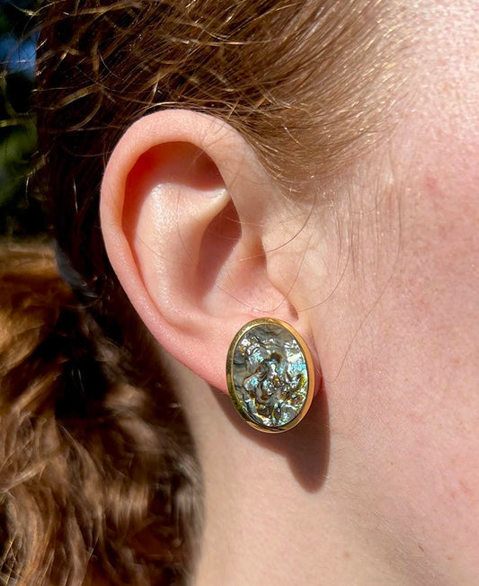 Elegant 14k Yellow Gold Abalone Oval Clip On Earrings