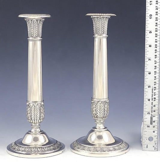 4 Antique c1850 German or Austrian Silver Acanthus Leaf Column Candlesticks