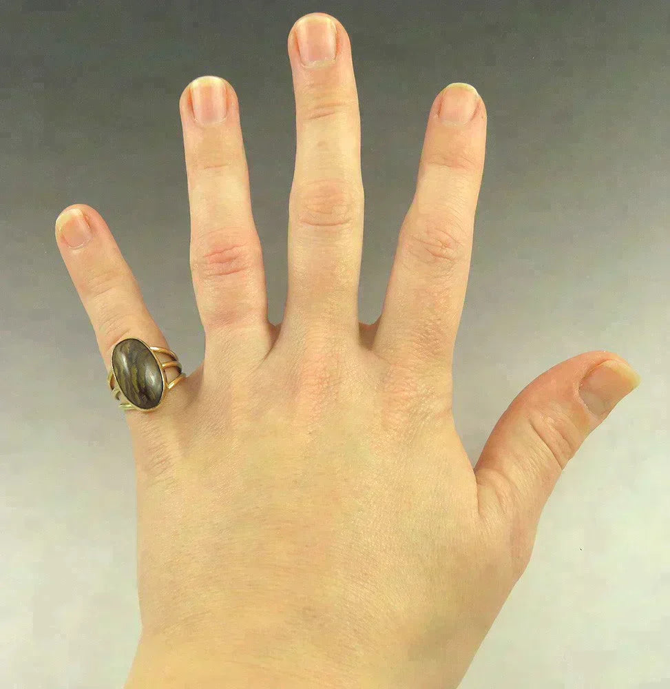 Vintage 14K Yellow Gold 3 Triple Band Petrified Wood or Stone Cabochon Ring