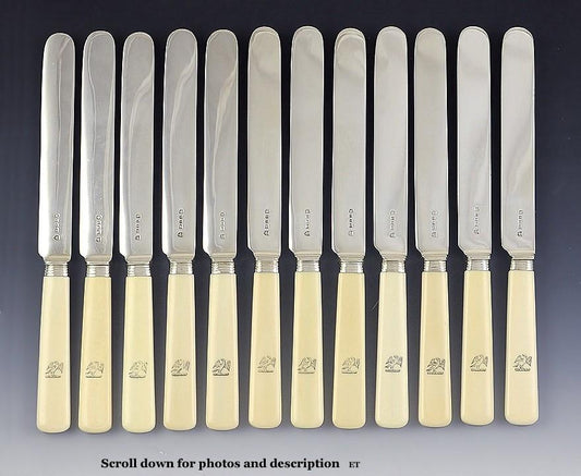 Great Set 12 English Sterling Silver Dinner Knives Elizabeth II Coronation 1952