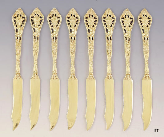 c1900 Superb set 8 Gilt Sterling Silver Cupid Motif Fruit Knives