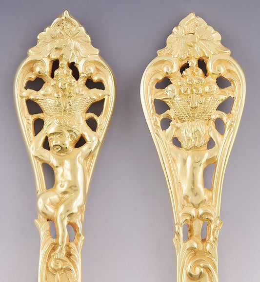 Superb set 10 Gilt Sterling Silver Cupid Motif Fruit/Dessert/Oval Soup Spoons