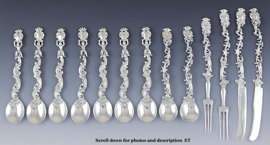 13 Antique Art Nouveau German 800 Silver Flatware Spoons Forks Knives