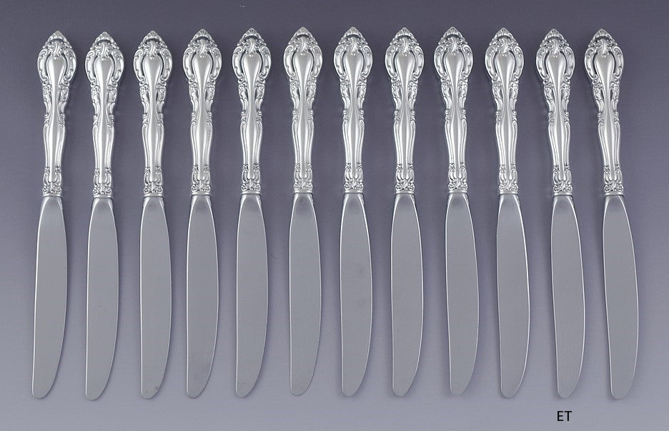 12 Alvin Vivaldi Pattern Sterling Silver & Stainless Dinner Knives