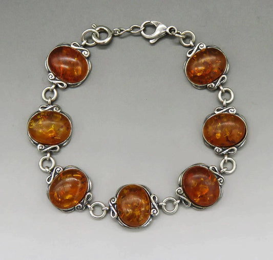 Vintage Artisan Sterling Silver Natural Amber Cabochon Link Bracelet