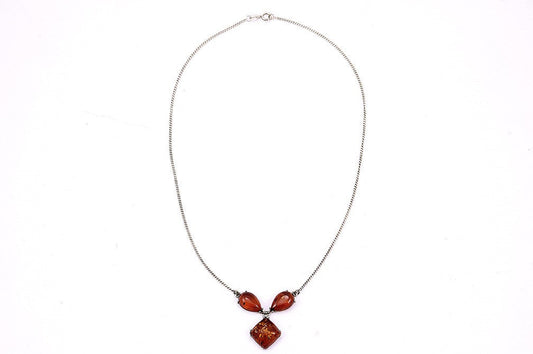 Lovely Vintage Sterling Silver and Genuine Amber Lavalier Style Necklace 17.75"