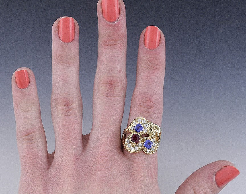 Beautiful 14K Gold Ruby Blue Tanzanite & Diamond Large Ring