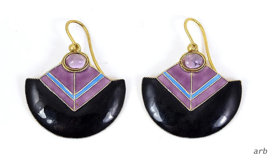 Chic 24k GW Sterling Silver Pierced Earrings w/ Purple Amethysts and Enamel