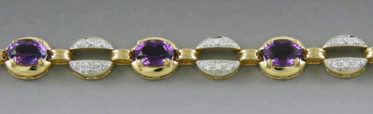 Fine Quality 14K Yellow Gold Natural Diamond Amethyst Gemstone Link Bracelet